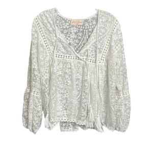Miss June Women's Sz 10 Blouse White Floral Lace V-Neck Sheer Tassels Romantic